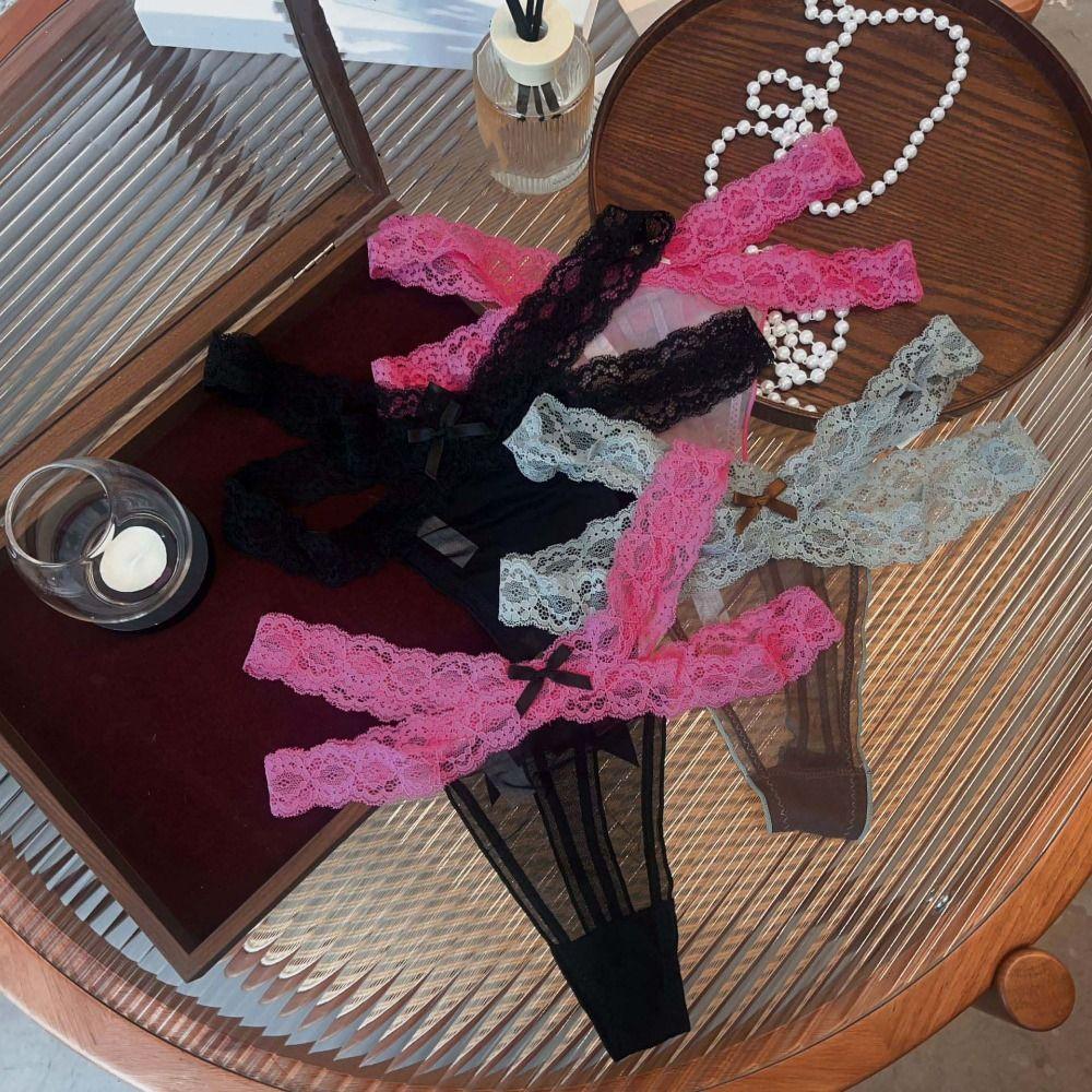 Low Waist Lace Strap Panties Bowknot See Through Briefs Color Blocking Underwear for Women Women