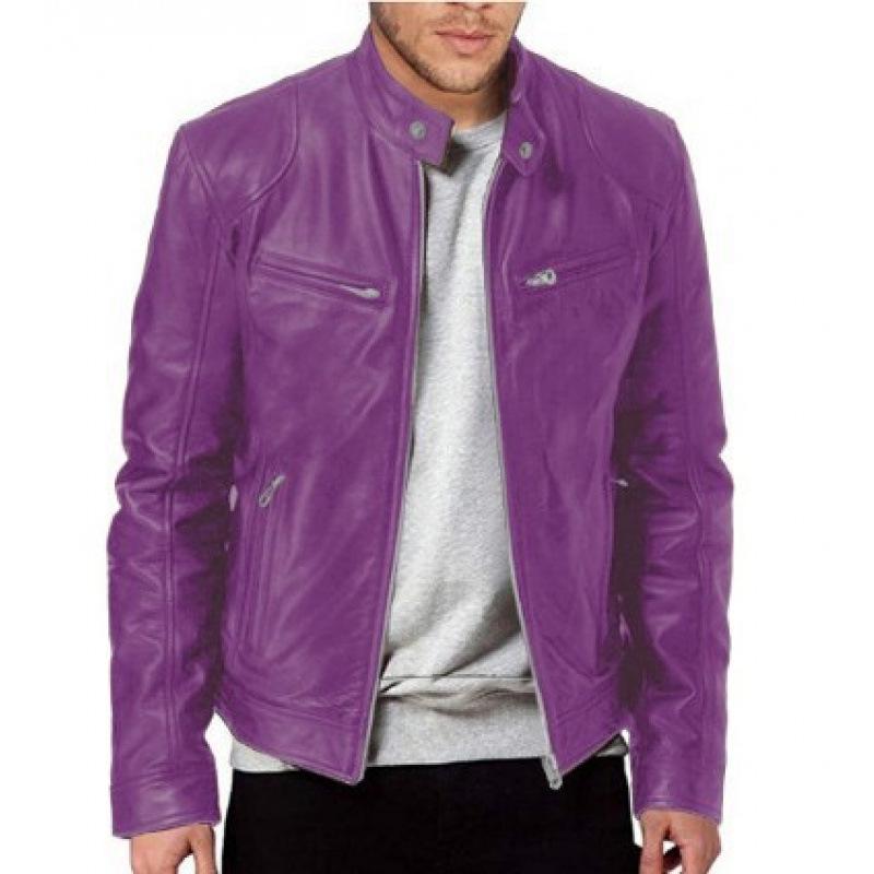 European-American Men's Stand-Up Collar Leather Motorcycle Jacket with Logo