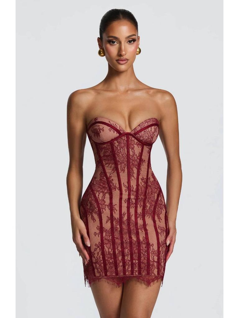 2026 Spring/Summer Women's Lace Bandeau Striped High-Waisted Slimming Dress