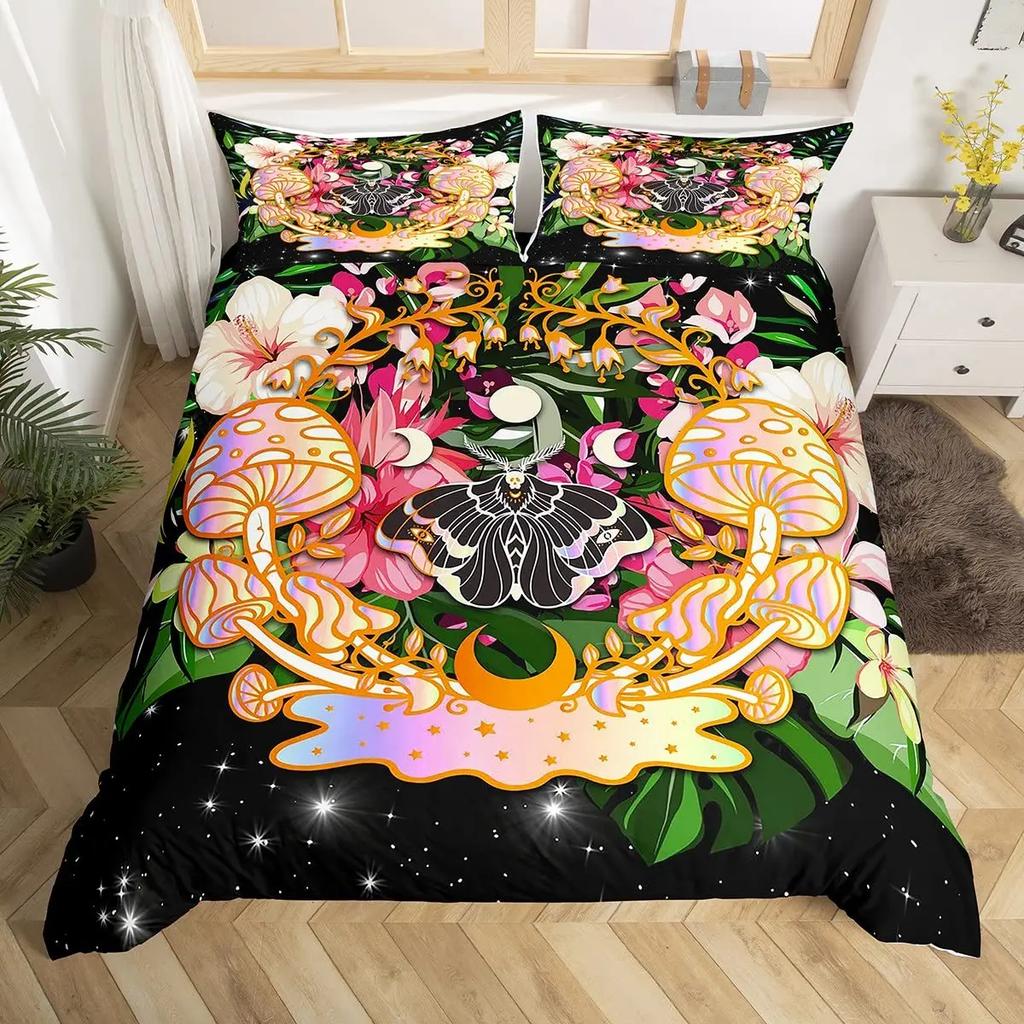Death Moth Flowers King Queen Bedding Set Leaves Sun Moon Duvet Cover Gothic Animal Floral Comforter Cover Polyester Quilt Cover