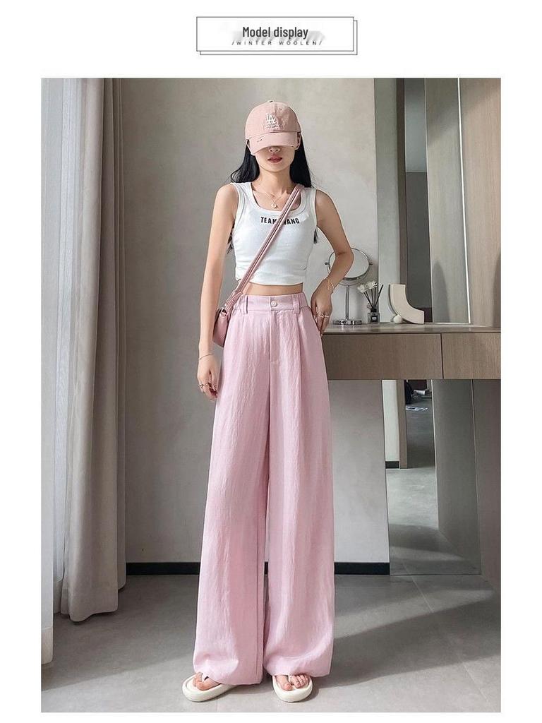Women's Tencel Linen Wide-Leg Pants - Summer Ice Silk Cotton Blend, High Waist, Slimming, Floor Length, Loose Fit.