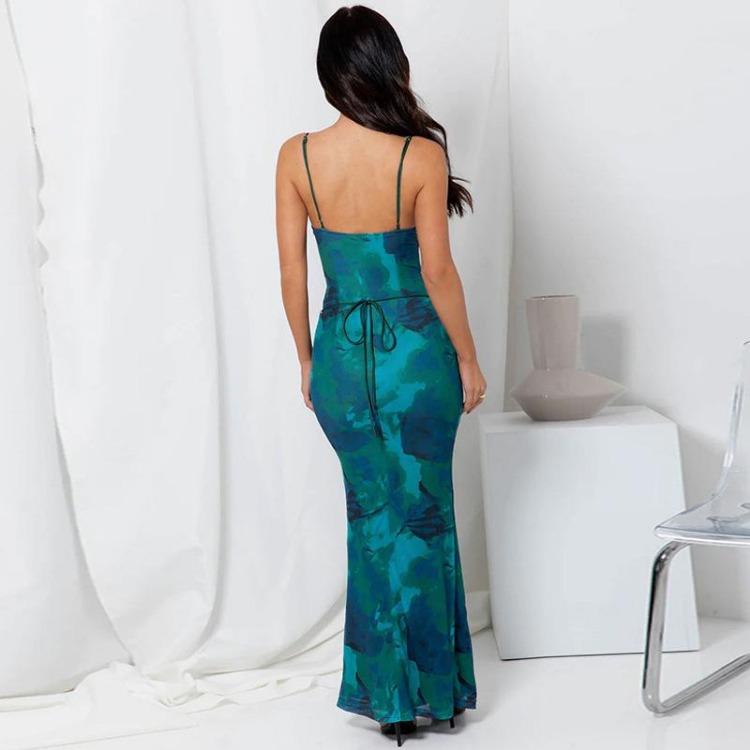 Sleeveless Strapless Print Camisole Slim High Waist Pencil Dress Ankle Length Backless Slit Spring Dresses Women Casual