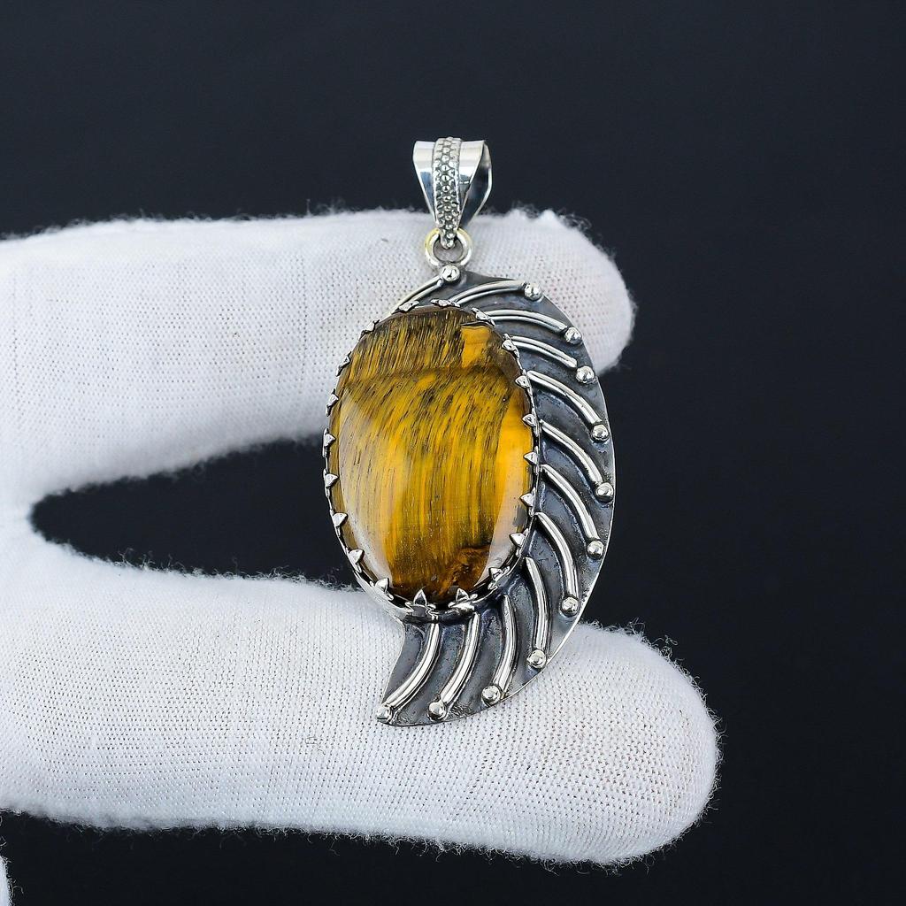 Natural Tiger Eye Gemstone Silver Pendant In 925 Sterling Silver- Handmade Design, Everyday Wear Jewelry, Unique Pendant Gift For Love