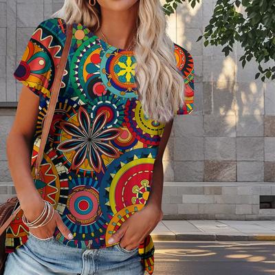 T-shirt d'été pour femmes Imprimé motif rétro Mode rétro T-shirts à manches courtes Décontracté Hauts imprimés