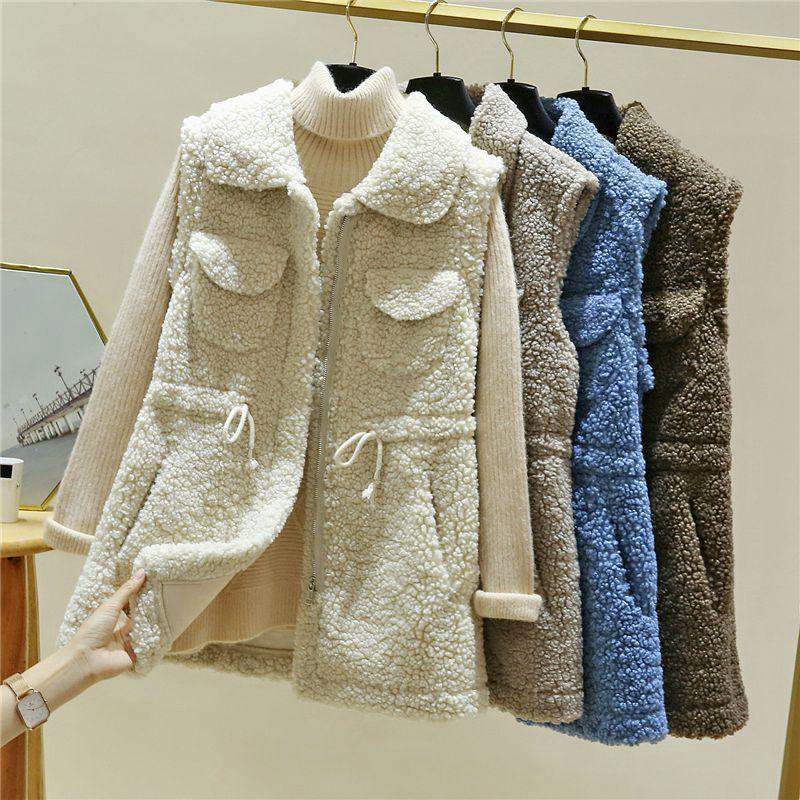 Lamb Wool Waistcoat Jacket Female Autumn and Winter Loose Mid-length Outer Jacket Solid Color Pocket Sleeveless Sweater
