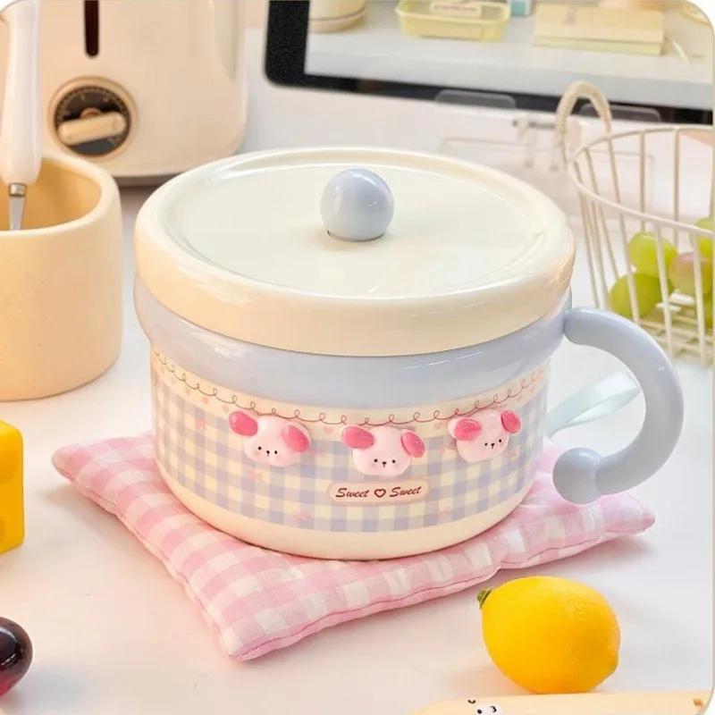 Cute Stainless Steel Ramen Bowl With Lid Kawaii Large Instant Noodles Fruit Salad Rice Soup Bowl Kitchen Tableware Women Gift