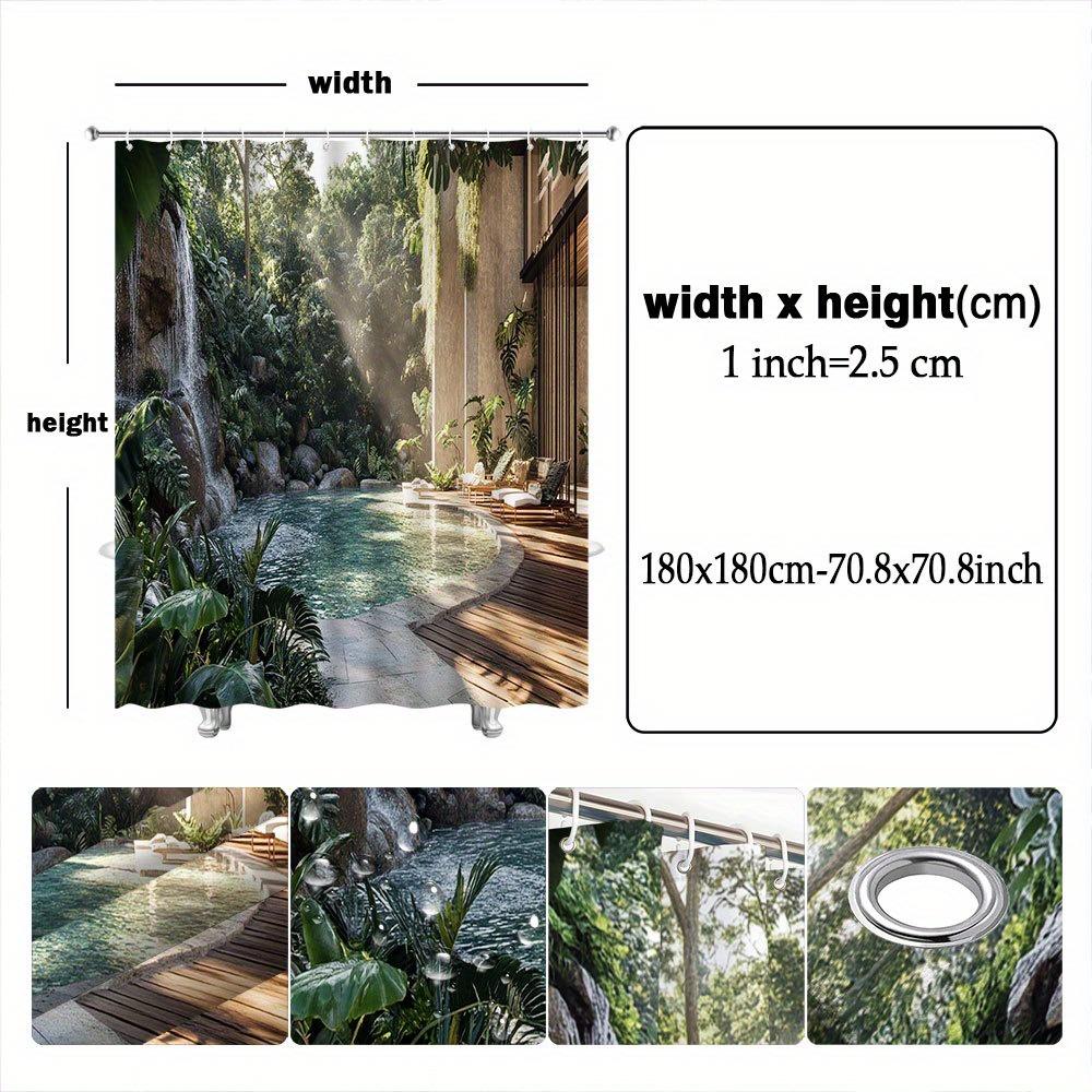 Tropical Pool Shower Curtain - Turquoise Waterfall Design, Lush Greenery, Wooden Deck, Luxe Bathroom Decor,  Polyester, Washable