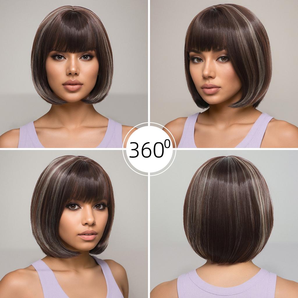 Women Short Wigs with Bangs Stylish Brown Mixed Blonde Hair Synthetic Wave Wig for Daily Cosplay Use Heat Resistant Fibre