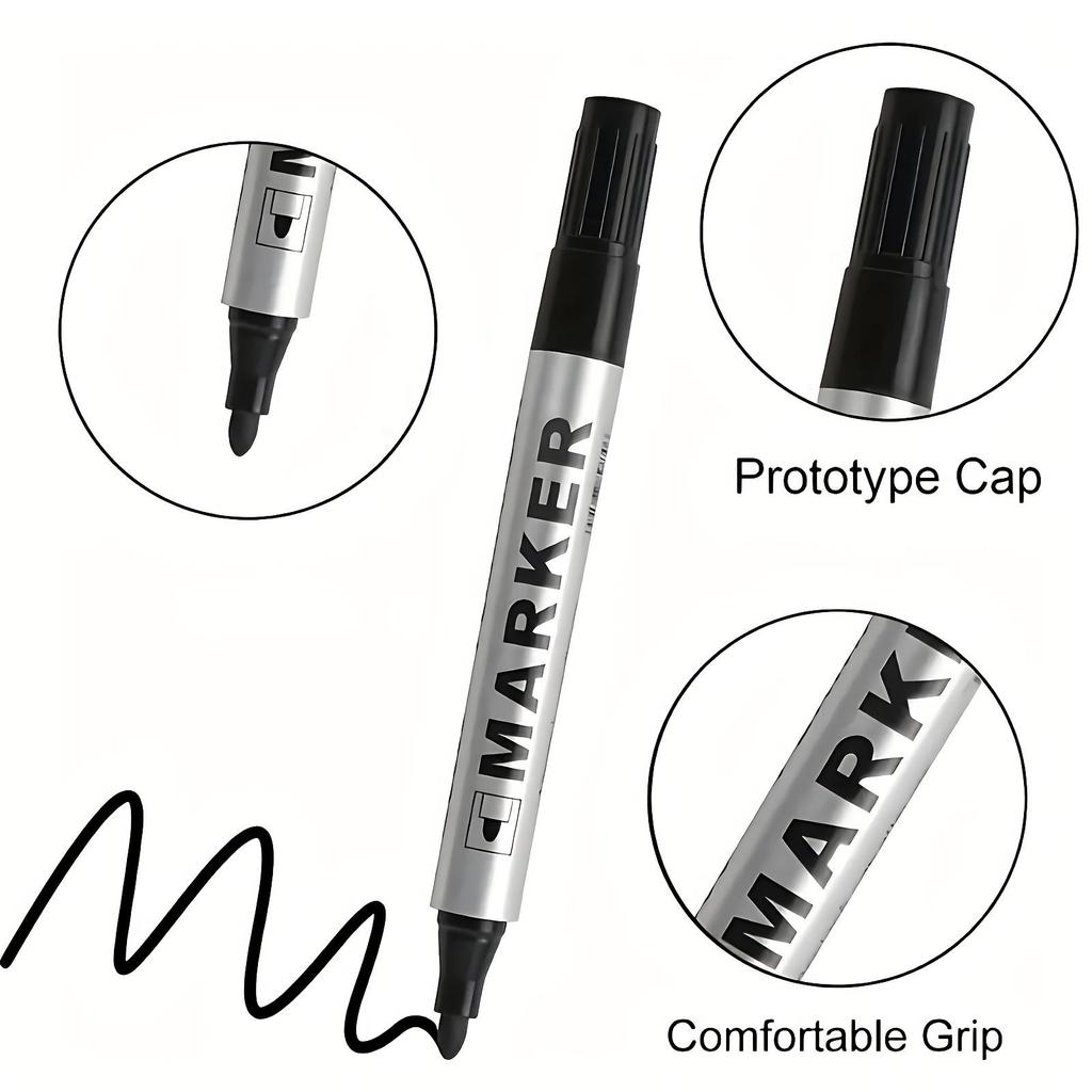 12pcs Black Permanent Oil-Based Markers - Quick Dry, Waterproof, Round tip