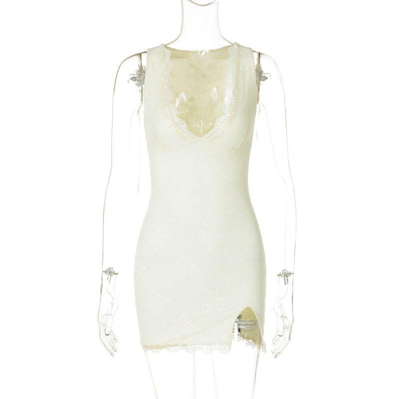 

V-neck Lace Slit Hip Hugging Dressv Collar Lace Split Hip Bag Dress Apricot S