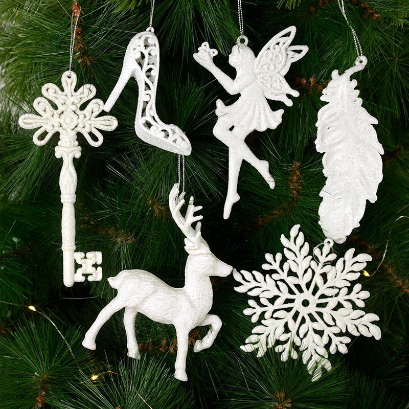 White Glitter Christmas Tree Hanging Ornaments Snowflake Angel Elk Pendants New Year Party Home Xmas Tree Decorations Kids Gift