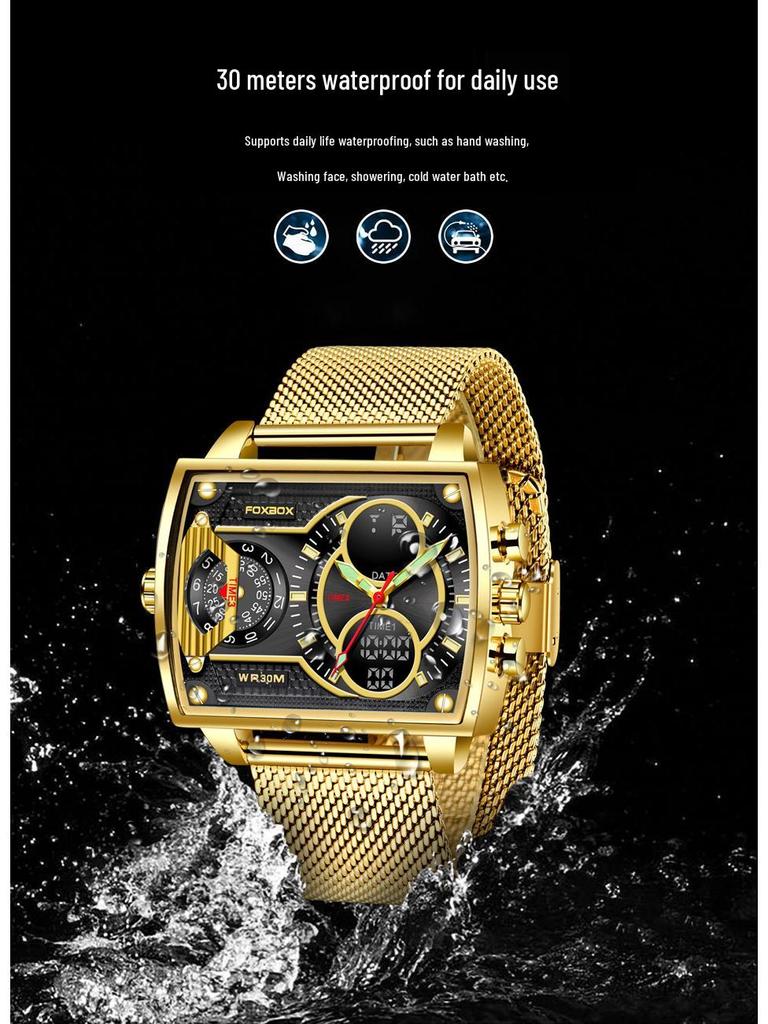Men's Fashionable Square Dual Display Quartz Watch for Students with Large Dial