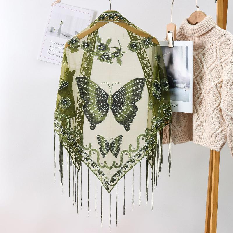 Luxury Flower Lace Hollow Scarf Butterfly Print Tassel Triangle Shawl Wraps Polyester Mesh Scarves Bridal