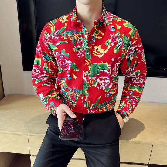 2024 Severovýchodní Velký Květinový Design Pánská Košile Čínský Styl Košile s Dlouhým Rukávem Knoflíkové Topy Trend Streetwear Ležérní Oversize Pánská 8XL