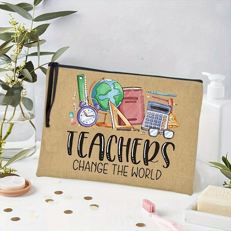 1pc "Teacher Change The World" Printed Cosmetic Bag, Women Travel Makeup Storage Bag, Back To School Teacher Gift