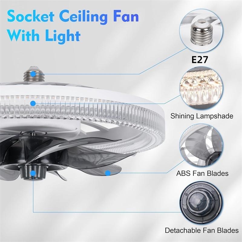 Ceiling Fans with Lights, Socket Fan Light with Remote Control, Dimmable Brightness, Socket Modern Flush Mount Low Profile Ceili