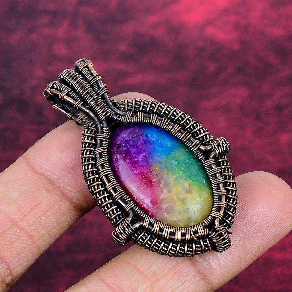 Rainbow Solar Quartz Druzy Gemstone Pendant Copper Wire Wrapped Designer Jewelry