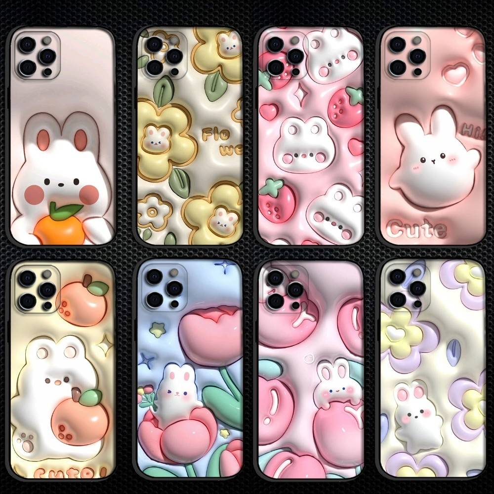 Kawaii Rabbit Phone Case For iPhone 16,15,14,13,12,11 Plus,Pro Max, Others Soft Black Cover