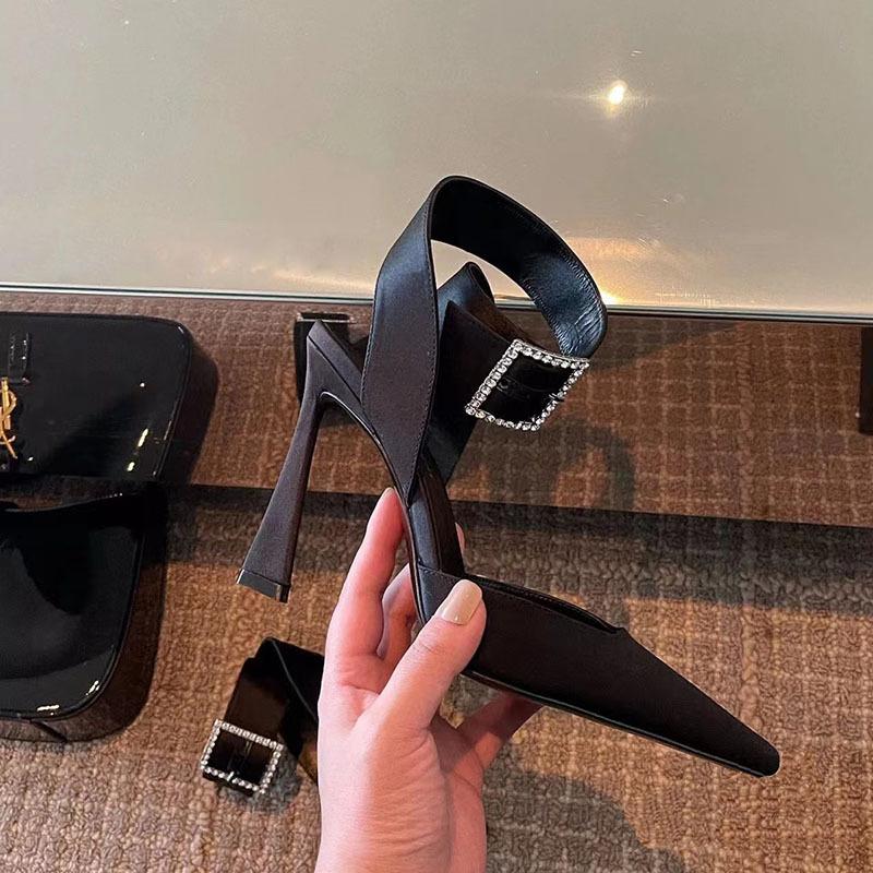 Fashion Star style Luxury Satin Rhinestones Square Buckle Women Pumps Sexy Ankle strap Slingbacks Summer High Heels Celebrity Prom Shoes