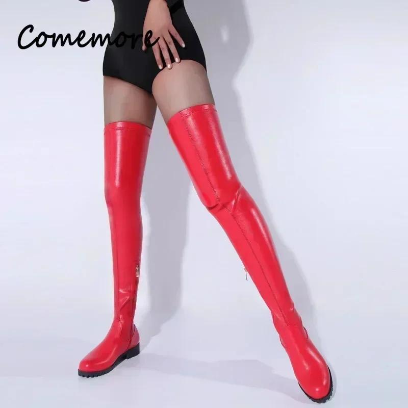 Módní Sexy Kozačky Nad Koleno Kulatá Špička Dámské Jarní Podzimní Boty Střední Podpatek Kozačky po Stehno Černé Punkový Styl Velká Velikost 44 Botas Mujer