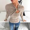 Women's V-Neg Long Sleeve Knit Top with Metal Ring and Twist Front Detail