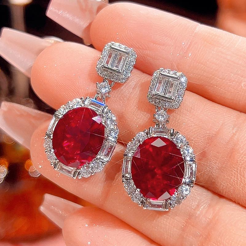 Jewelry Copper Bottom Gold-Plated Simulation Red Corundum High-End Jewelry Set Women'S Stone 15 * 20