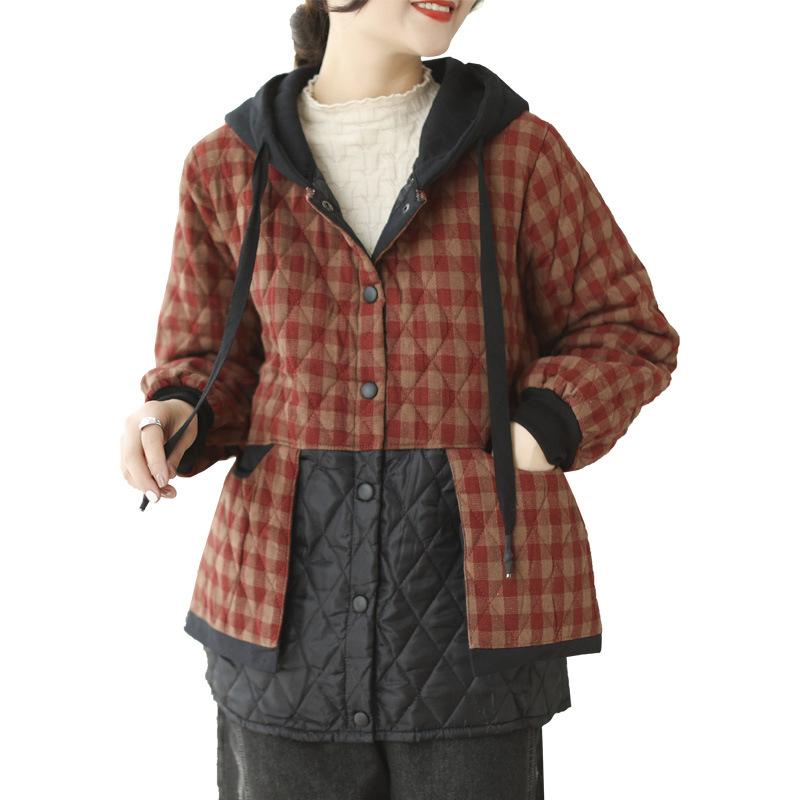 FASHION Spring and Autumn Thin Cotton-linen Cotton-padded Coat Plaid Women's 2024 New Large Size Loose Literary Hooded Cotton-padded Top Clothes
