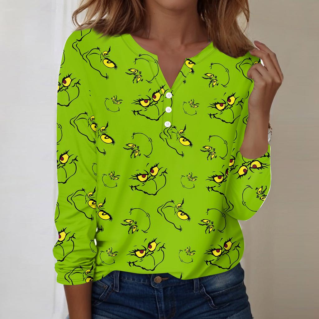 Women's Fashion Casual V-Neck Long Sleeve Decorative Button Christmas Print Top