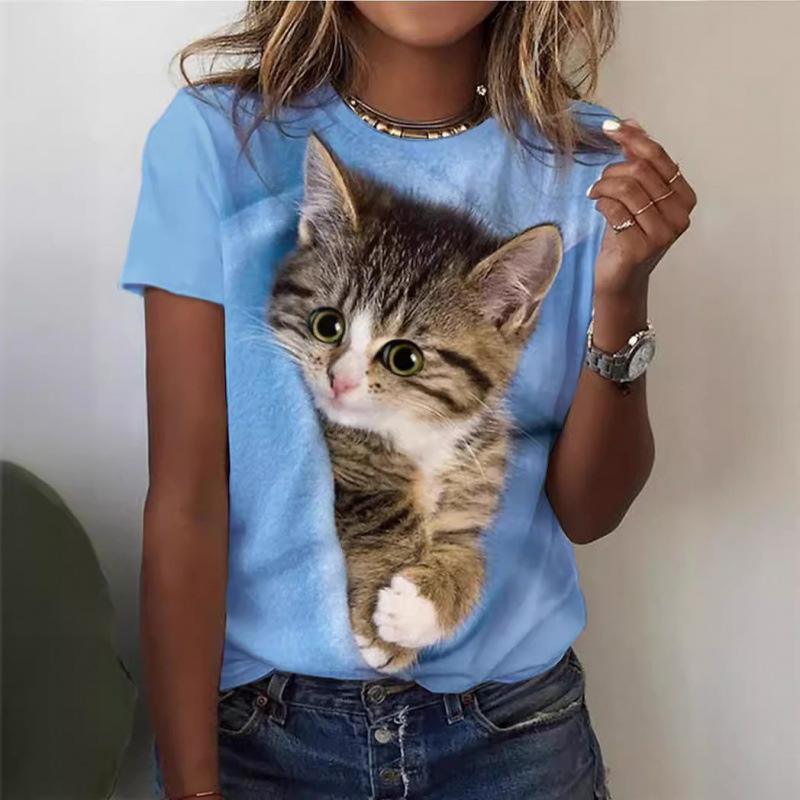 Sommer Rundhals 3D Katzenprint Top Modische Lässige Kurzarm Damen T-Shirts