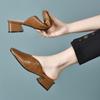 thick heel square head bag head drag leather half slippers women's versatile medium heel sandals women's brown outer wear drag
