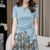 European big-name high-end blue round neck irregular lace-up short sleeve 1116 summer new loose top women's trend