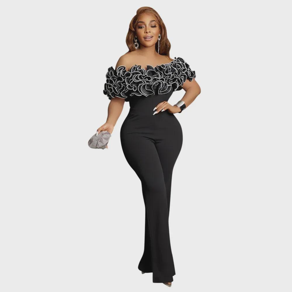 Women's One-Shoulder Lace Jumpsuit with Ruffle Detail