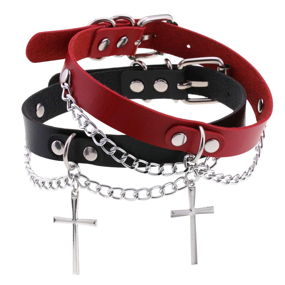Role Play Choker Gothic Satan Inverted Cross Necklace Stainless Steel Pu Leather Cosplay Anime Necklaces Emo Goth Jewelry