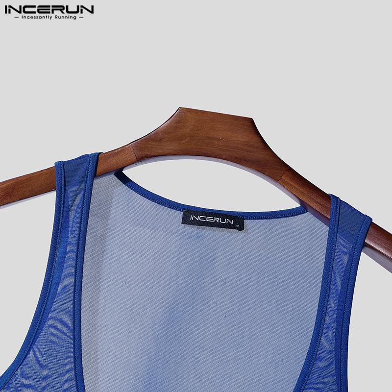 INCERUN Men Deep V Neck Sleeveless See Through Mesh Sheer Tank Tops