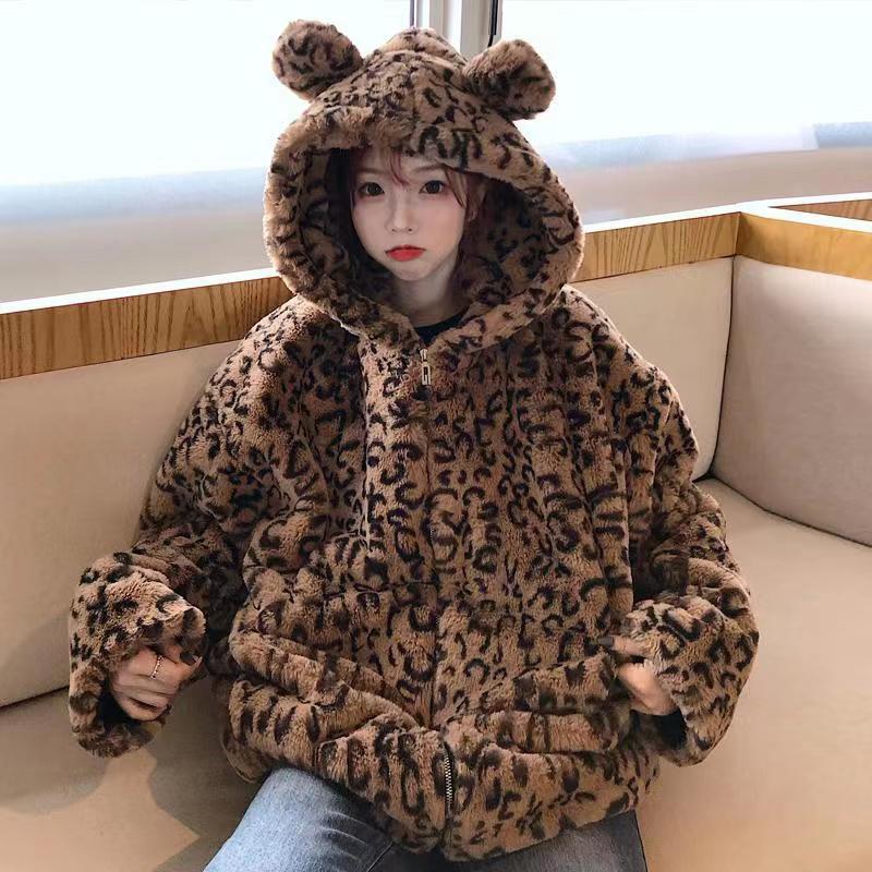 Leopard Print Furry Hooded Cardigan Jacket for Women - Autumn/Winter Casual Cute Design