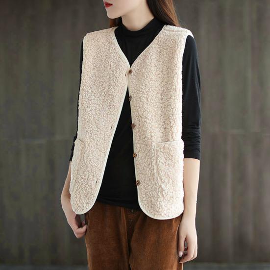 Podzim Zima Dámská vesta Kabát s výstřihem do V Fleece Jednořadové dvojité kapsy Cardigan bez rukávů Jednobarevná Vesta do kanceláře na denní nošení