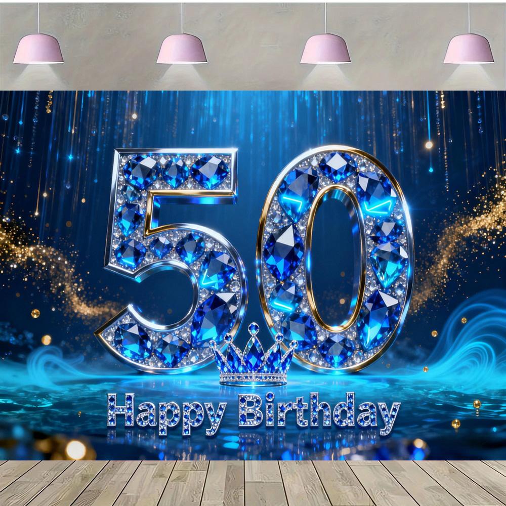 Alles Gute zum 50. Geburtstag mit Fotohintergrund zum Thema Blaue Edelsteine, Geburtstagsparty für Erwachsene, Familienfeier Dekoration Fotohintergrund