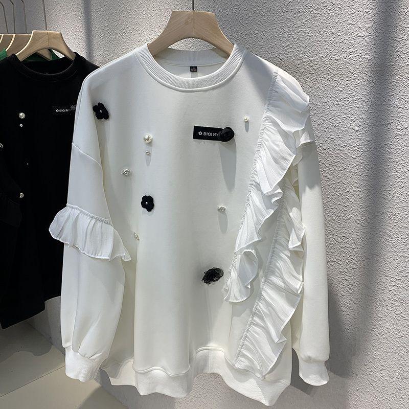 Ruffle Edge Patchwork Thin Sweater Women's Autumn New Heavy Industry Pearl Flower Loose Casual All-match Classic Top
