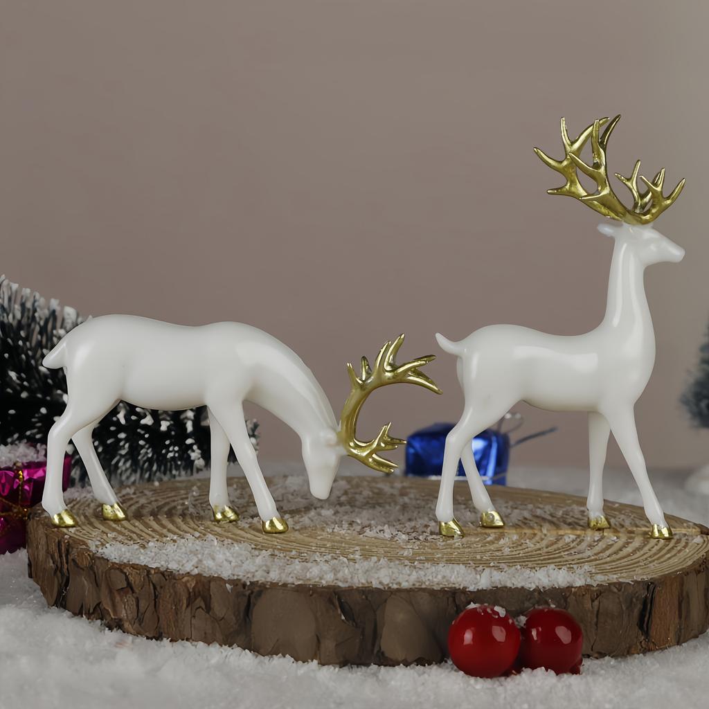 Two-piece set of white Christmas reindeer statue ornaments with golden antlers and horn decorations, suitable for Christmas, Valentine's Day,