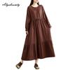 Korean Style Plus Size Spring Autumn Women Midi Dress O Neck Red Green Brown Burgundy Oversized Dress Lace Up Embroidery Cotton Dress