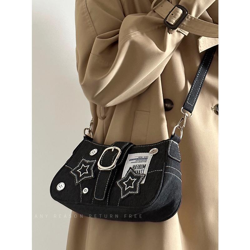Bag Female Star Denim Shoulder Underarm Bag Retro Button Portable Chain Crossbody Bag