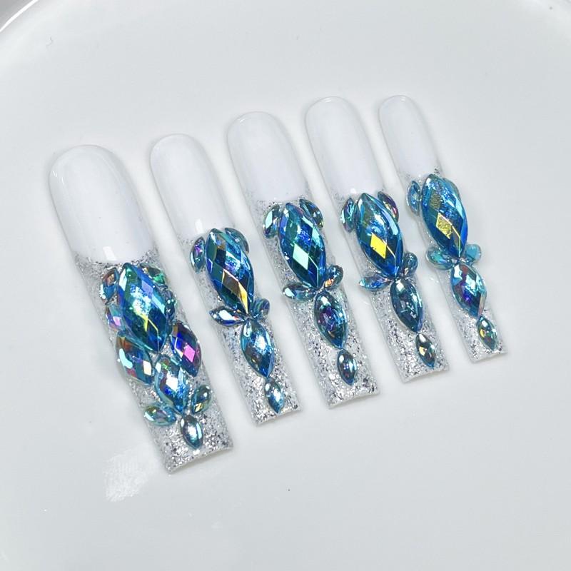 Handmade Full Rhinestone Press-On Nails Long Water Pipe Style French Design Sparkly Starry Sky Women