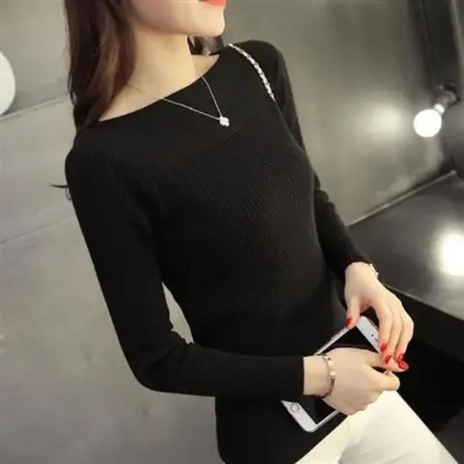 Sweater Women Long Sleeve Slim Black Pullover Knitwear Casual Slash Neck Solid Color Jumper Korean Fashion Autumn Winter
