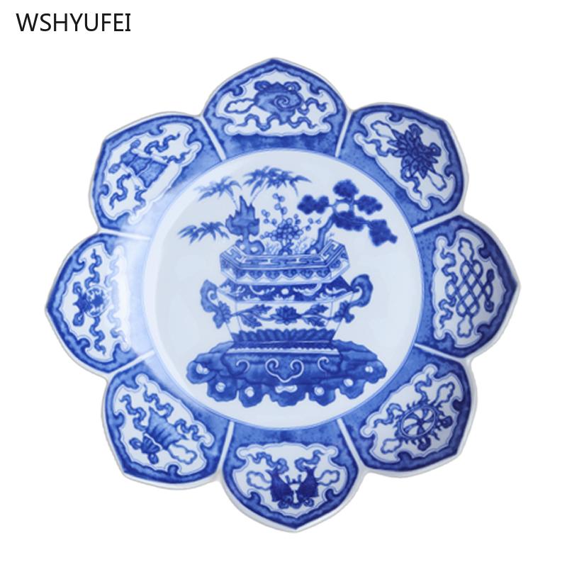 Ceramic Blue and White Eight Auspicious Offering Buddha Fruit Plate Eight Treasures Lotus Plate  Buddhist utensils and supplies