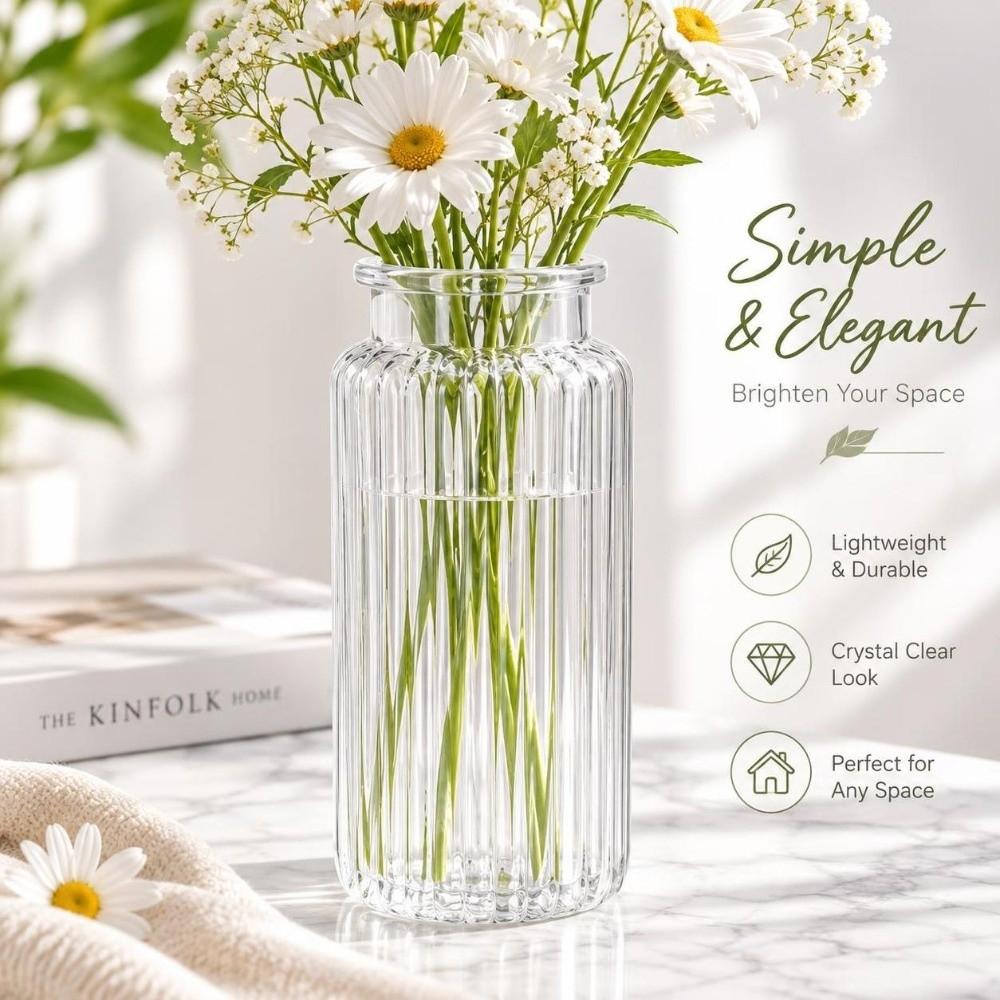 Ribbed Design Clear Flower Vase Nordic Style Flower Arrangement Fashion Cylinder Vases  Living Room