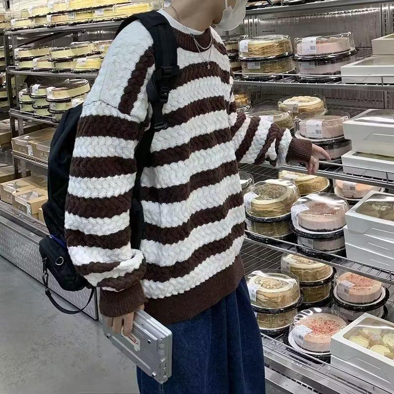 Striped sweater men's autumn and winter lazy Japanese loose coat retro trendy brand winter thickened long-sleeved knitted sweater