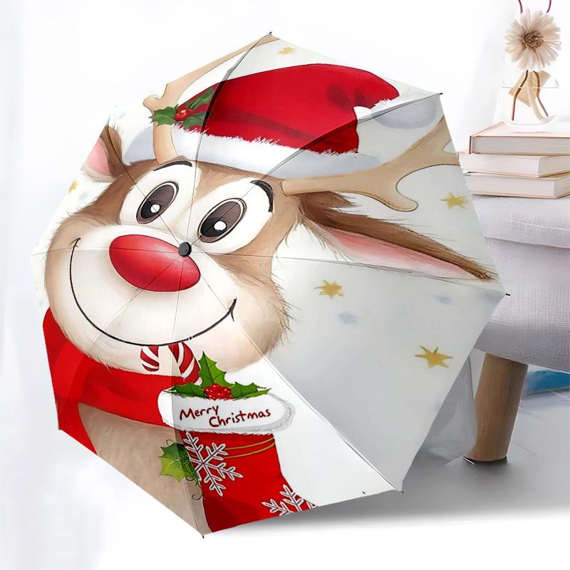 

1pc Christmas Reindeer with Santa Hat and Holly, Automatic Opening Umbrella, Portable 3-Fold Design, 8-Bone Iron Frame Outdoor Umbrella, Festive Gift