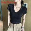 Summer Slim Fit V Neck T Shirt For Women With Polyester Fabric And Short Sleeves