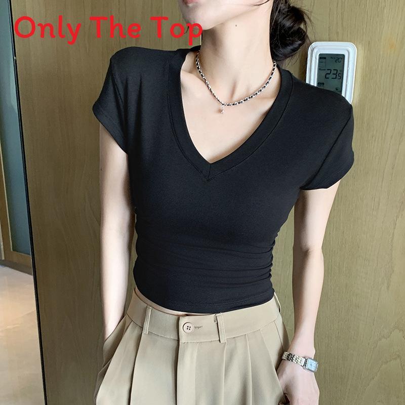 Summer Slim Fit V Neck T Shirt For Women With Polyester Fabric And Short Sleeves