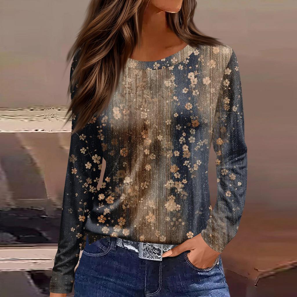 Women's Fashion Casual Slit Hem Round Neck Long Sleeve Loose Printed T-Shirt Ladies Top
